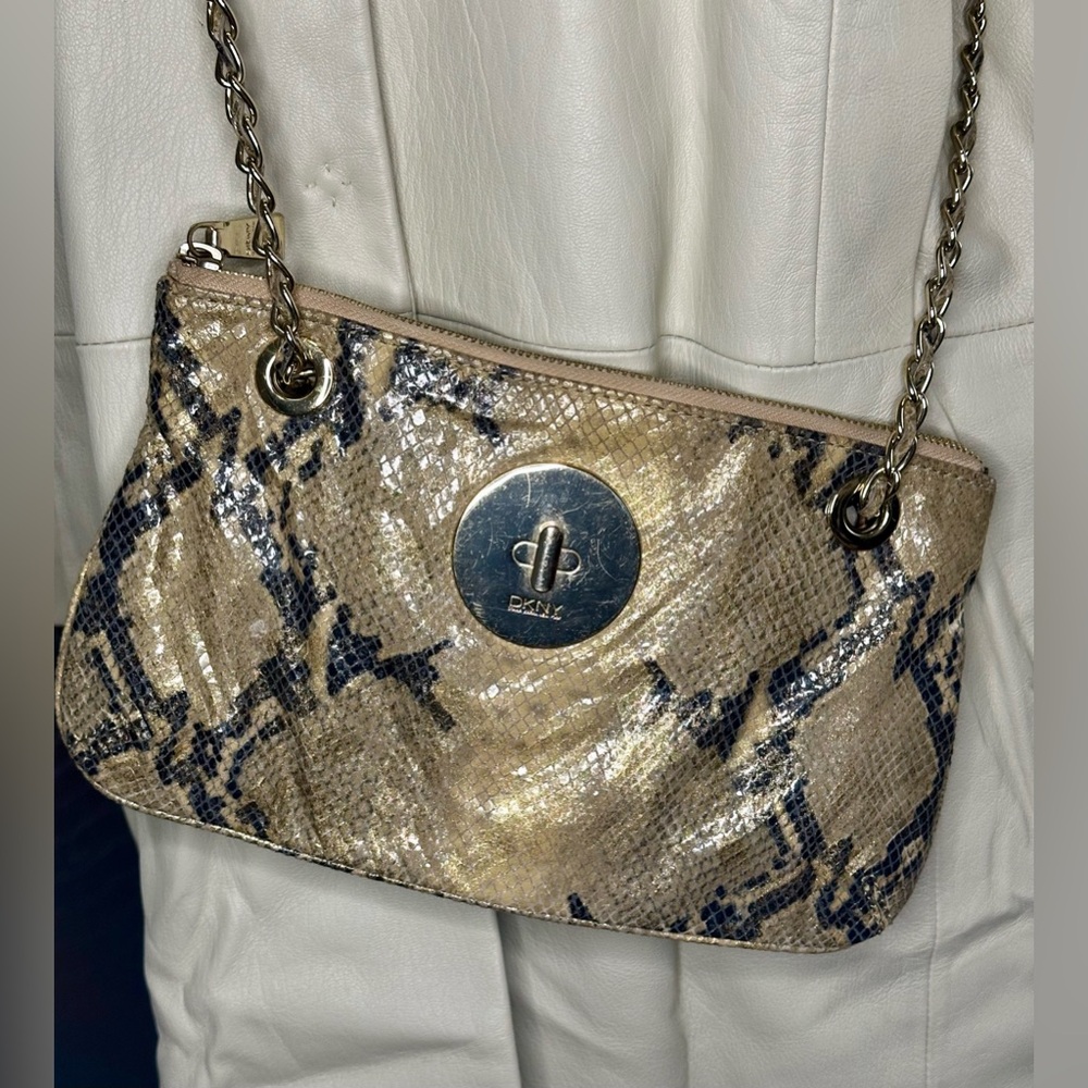 DKNY Snakeskin Gold and Black Snake Print Chain Print Shoulder Bag